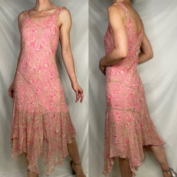 Vintage Y2K 100% silk fairy dress asymmetrical pink paisley print slip midi M - Picture 14 of 14